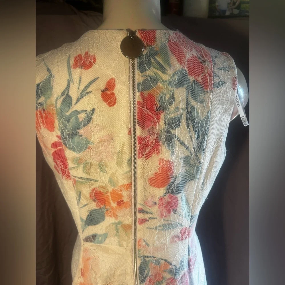 Calvin Klein Floral Midi Dress - Cream, Orange, Blue - Picture 5 of 12